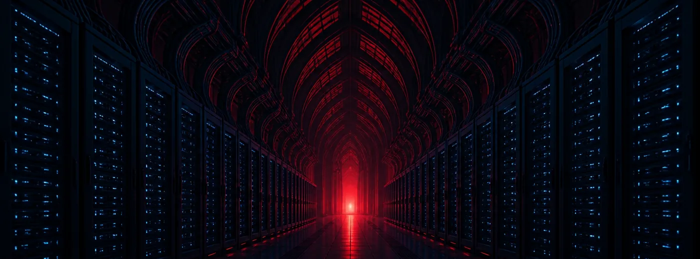 Corridoio di un grande centro dati con file di server che si allontanano come la navata di una cattedrale, luce rossa in fondo