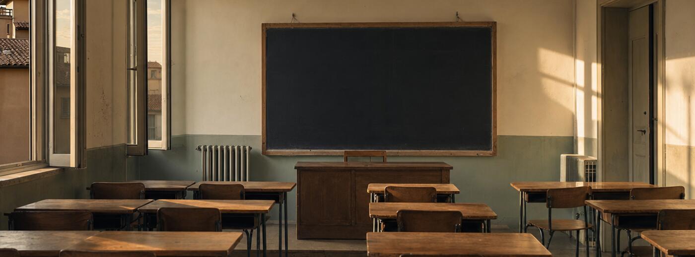 Aula scolastica vuota al tramonto, banchi in fila, luce calda dalle finestre