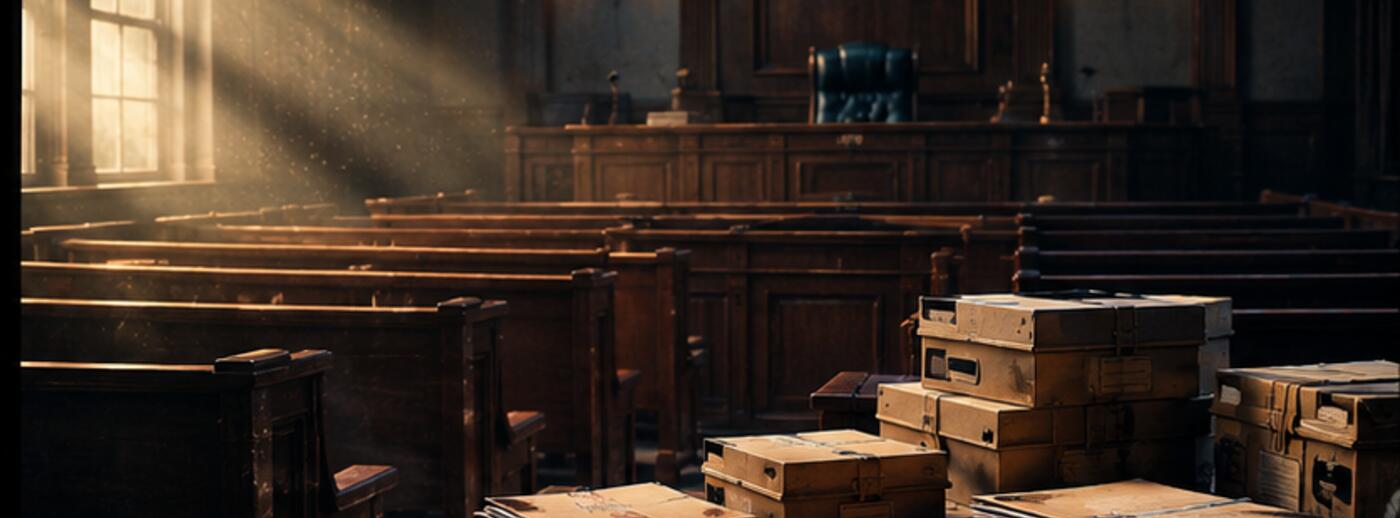 Aula di tribunale vuota al tramonto, banchi in fila, faldoni d'archivio impilati in primo piano