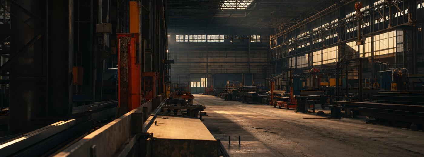 Officina metalmeccanica vuota al crepuscolo, travi d'acciaio e macchinari in controluce