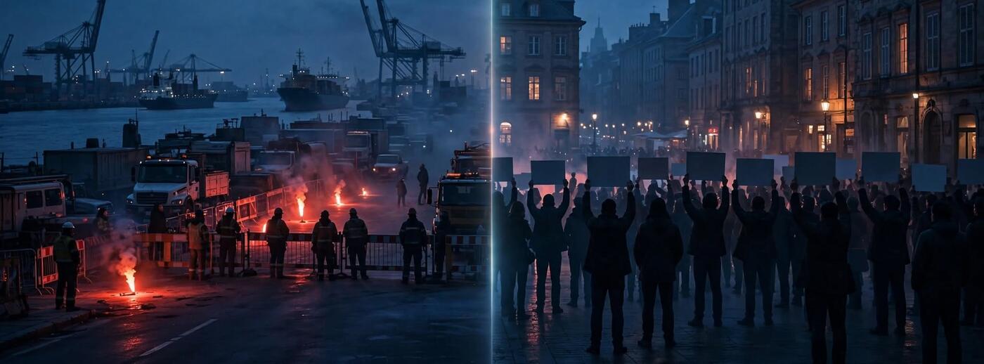 Scena divisa in due: a sinistra lavoratori con fumogeni bloccano l'ingresso di un porto, a destra una folla di sagome in una piazza alza cartelli bianchi