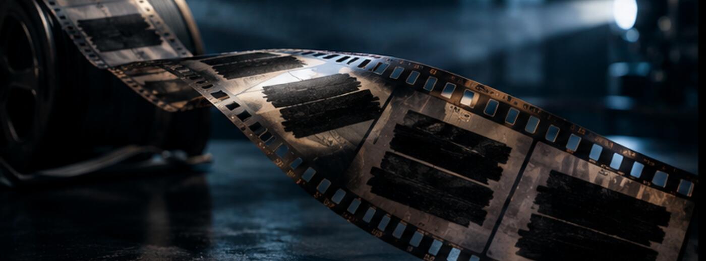Primo piano di una pellicola cinematografica in bianco e nero, alcuni fotogrammi oscurati come un documento censurato