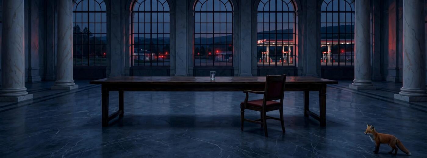 Salone di un palazzo istituzionale al crepuscolo, un lungo tavolo con un solo bicchiere d'acqua e una sedia vuota; dalle finestre si vede una stazione di servizio illuminata, e una volpe osserva dall'angolo